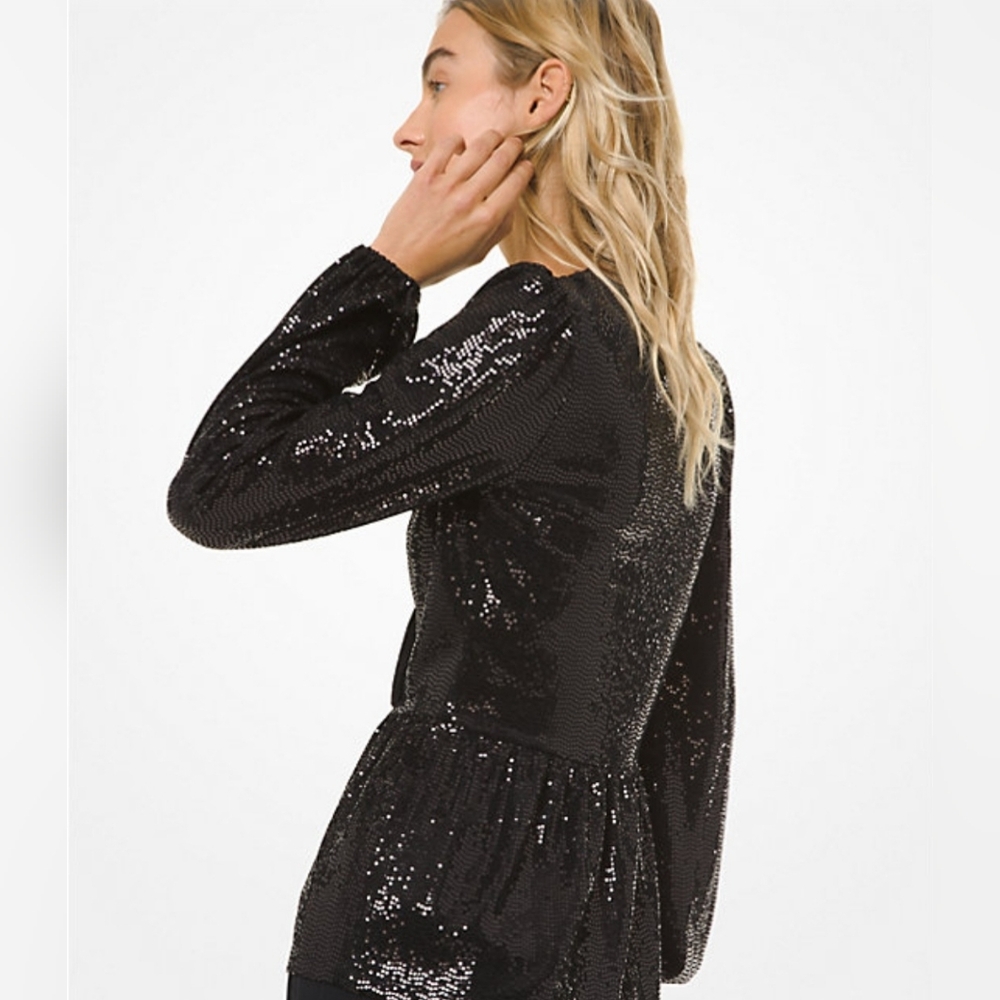 MICHAEL Michael Kors Black Mirror Dot Sequin Faux-Wrap Top Blouson Sleeve - Picture 5 of 8